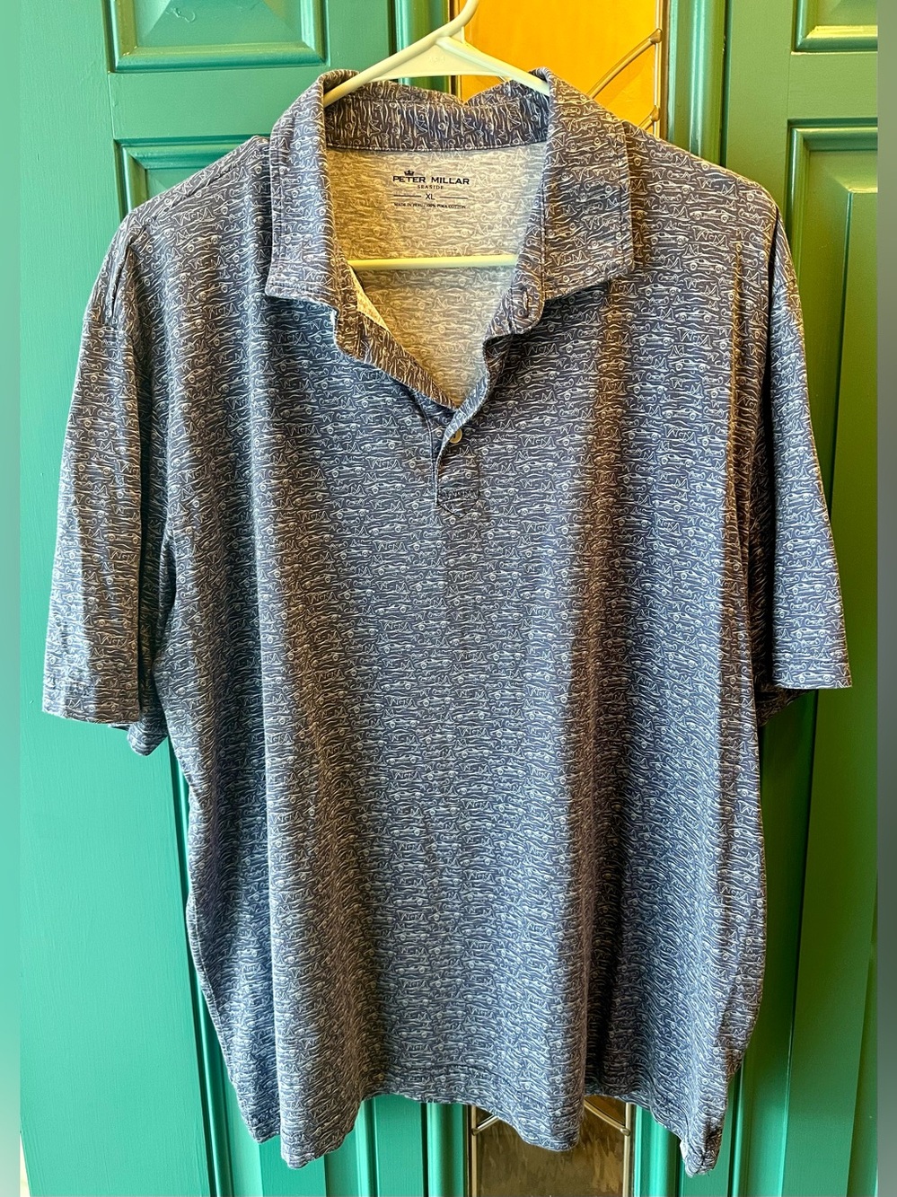 Peter Millar Seaside Car Sailboat Canoe Print 100% Pima Cotton Mens Polo